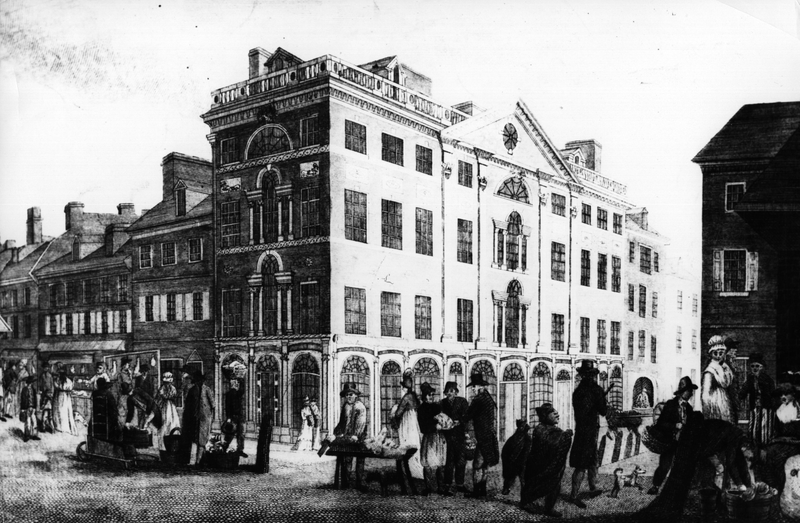 Philadelphia, the corner of Third and Market Street in 1799. The President’s House was on Market, between Fifth and Sixth. Photo via Getty Images.